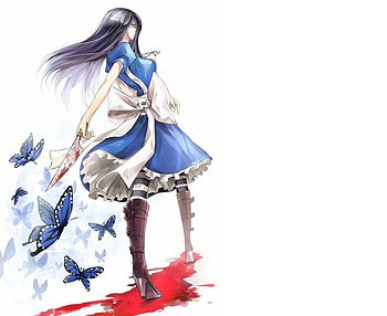 Alice, games, white background, long hair, dress, madness returns, butterflies, lone, apron, alice in wonderland, knife, female, skirt, alice madness returns, american mcgees alice, girl, weapons, black hair, anime, video games, green eyes, boots, stockings HD wallpaper