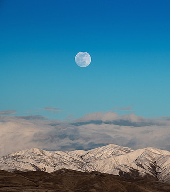 Moon, blue sky, landscape, hills, clouds, nature HD phone wallpaper