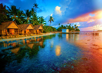 Sunset, island, palm, beautiful, houses, ocean, beach HD wallpaper