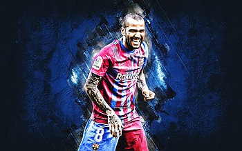 Dani Alves, FC Barcelona, Brazilian footballer, Alves Barcelona, blue stone background, football, La Liga, Spain HD wallpaper