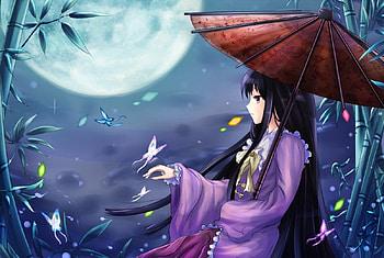Butterfly, night, umbrella, long hair, dress, nice, moon, petals, female, houraisan kaguya, sweet, girl, black hair, anime girl, anime, pretty, touhou, lovely HD wallpaper