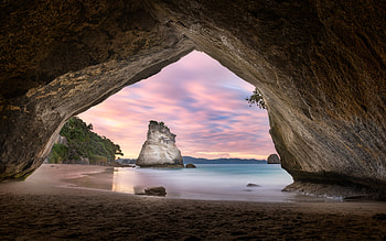 :), pink, stone, cave, water, beach, rock, sunset, sea, summer, vara HD wallpaper