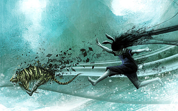 Abstract, , Drawing, Girl, Tiger, Ears, Run, Running HD wallpaper