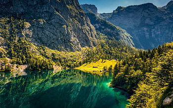 Konigssee, mountain lake, Bavarian Alps, mountain landscape, morning, Alps, mountains, Bavaria, Germany HD wallpaper