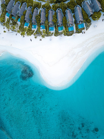 Aerial view, huts, beach, island HD phone wallpaper
