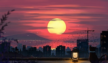 Cat And Lamp Sunset Over City, cat, sunset, sky, clouds, city, sea, crane, artist, artwork, art, digital-art, pixiv HD wallpaper