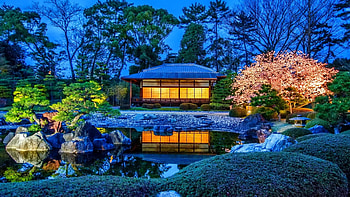 Japanese Garden, japanese, house, trees, garden, nature, flowers, lake, pond HD wallpaper
