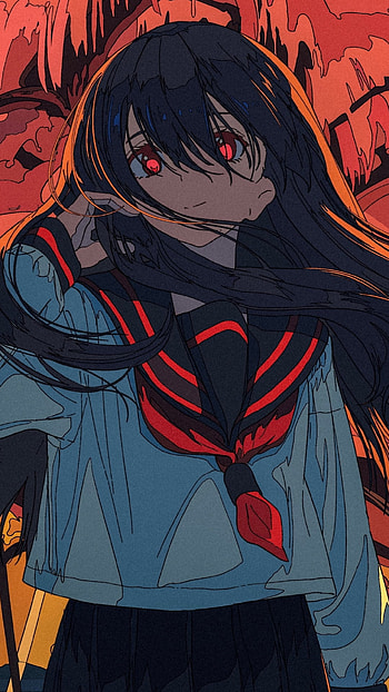 Crimson Gaze: Anime Original with Black Hair & Fiery Red Eyes, smile, black hair, red eyes, long hair, Anime, Original HD phone wallpaper