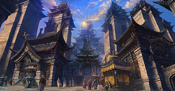 Temple, blue, fantasy, art, carter adair, world, luminos, people HD wallpaper