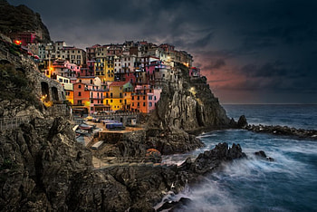 Manarola, Italy, sea, town, sea view, Italy, houses, Manarola, waves, clouds, view, nature, sky, splendor, evening, sunset HD wallpaper