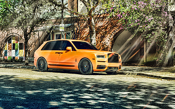 Rolls-Royce Cullinan, 2021, luxury SUV, exterior, front view, new orange Cullinan, Cullinan tuning, British cars, Rolls-Royce HD wallpaper