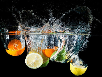 Fresh fruits in the water, fruits, fresh, water, lime, dark HD wallpaper