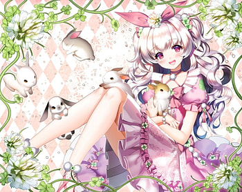 cute girl, pink, anime, pretty, rabbits, cute, girl, dress HD wallpaper