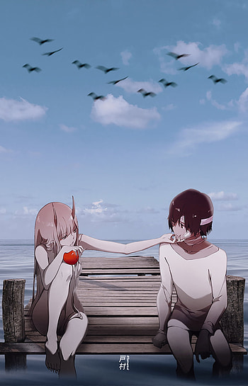 ᴢᴇʀᴏ ᴛᴡᴏ ❤️ ʜɪʀᴏ, cloud, sky, animeedit, animeart, anime, zerotwoandhiro, zerotwo, anime HD phone wallpaper
