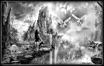 black and white, lady, eagle, fantasy, wolf HD wallpaper
