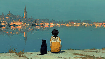 Boy And Cat City Evening, boy, cat, relaxing, artist, artwork, digital-art HD wallpaper