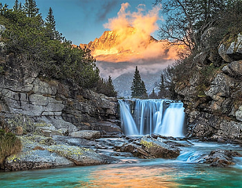 Waterfalls Mountain, clouds, small waterfall, rocks, mountain HD wallpaper
