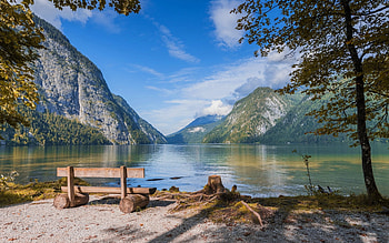 Lake Koenigsee in Germany, bench, Germany, mountains, lake HD wallpaper