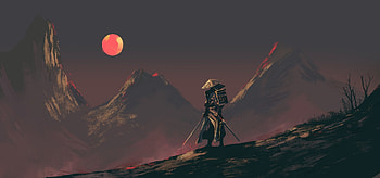 Samurai, moon, Fantasy, sunset HD wallpaper