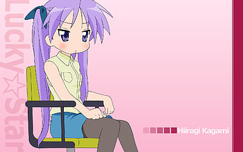 Lucky Star: Kagami Hiiragi, kagami hiiragi, chair, lucky star, blue eyes, purple hair, twin tails, long hair HD wallpaper