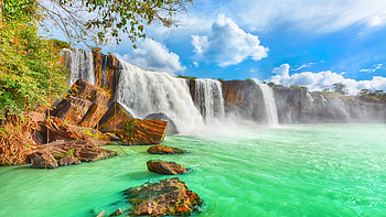 Rio Waterfalls, waterfalls, rocks, beauty, leaves, logs, Rio, clouds, trees, sky, nature HD wallpaper