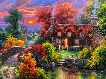 A place to be still, bridge, autumn, still, village, countryside, pond, foliage, colorful, river, boat, place, peaceful, serenity, painting, sunset, tranquility, art, fall, house, beautiful, lake, cottage HD wallpaper