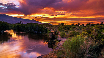 Sunset at Lower Owens River near Big Pine, California, hills, trees, clouds, colors, landscape, sky, usa HD wallpaper