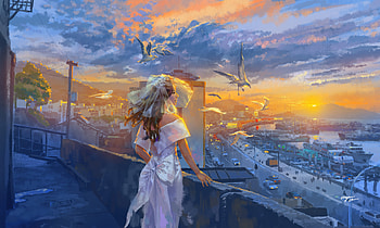 Bride Overlooking A City Harbor At Sunset, bridge, artist, artwork, digital-art, pixiv HD wallpaper