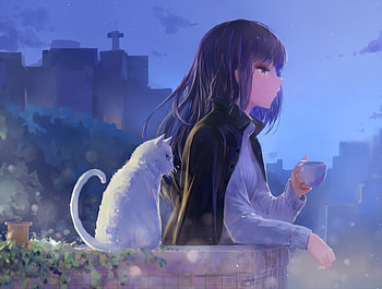 A silent moment, blue, kisei2, girl, cat, cup, pisica, ccup, manga, anima HD wallpaper
