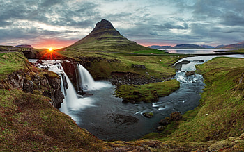 Volcano, Iceland, river, Kirkjufell, beams, waterfall, bridge, sky, sun, sunset, Mountain HD wallpaper