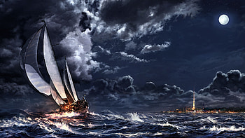 Storm, night, sea, ship, summer, painting, fantasy, moon, pictura, luna, vara, wave, cloud HD wallpaper