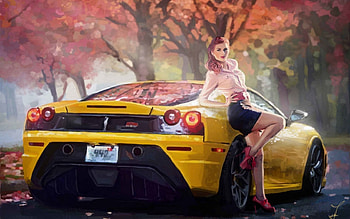 girl and ferrari, ferrari, autumn, girl, yellow HD wallpaper