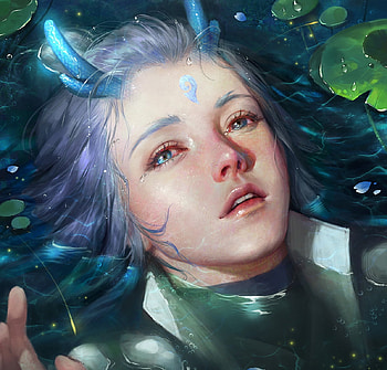 Water nymph, nymph, art, fantasy, face, luminos, girl, water, demon, kdash HD wallpaper