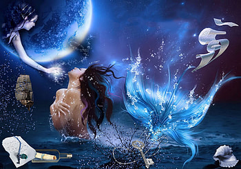 MAGICAL, NIGHT, FEMALES, MOON, KEY, BLUE, MERMAID HD wallpaper
