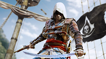 Assassin's Creed Black Flag, ship, pirate, sword, fantasy, man, black flag, game, assassins creed HD wallpaper