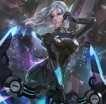 Mecha Girl, black, purple hair, suit, long hair, buildings, lady, abstract, fantasy woman, female, bow, sweet, art, city, archer, sity, beautiful, woman, purple, fantasy, lovely, hair HD wallpaper