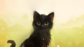Black kitten, kitten, black, pisici, fantasy, art, green, apofiss, cat HD wallpaper