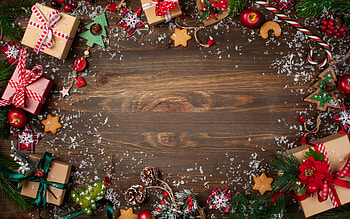 Christmas frame, wooden dark background, Merry Christmas, Happy New Year, Christmas gifts, silk bows HD wallpaper