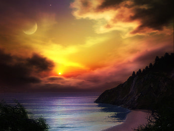 Fantasy Beach, island, painting, sunset, ocean, beach HD wallpaper