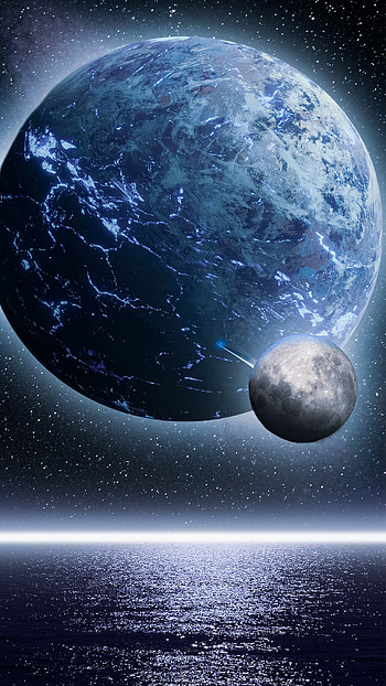 brilliant_sky, moon, blue, ocean, planet, glow, space HD phone wallpaper