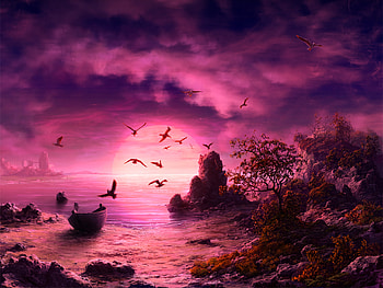 Seagull Birds Boat Landscape Purple Sunset, seagull, birds, purple, artist, artwork, digital-art, deviantart HD wallpaper