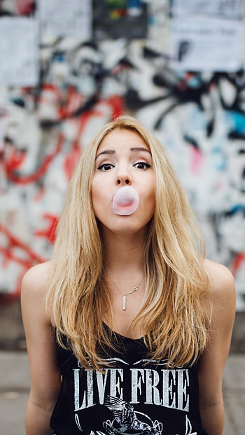 Girl blowing bubble gum, Playful and care, Bubble-blowing joy, -worthy moment HD phone wallpaper