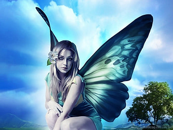 beautiful fairy, fairy, girl, sky, tree HD wallpaper