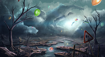 Apocalypse, art, sylar113, sign, fantasy, sky, balloon, water, storm, cloud HD wallpaper