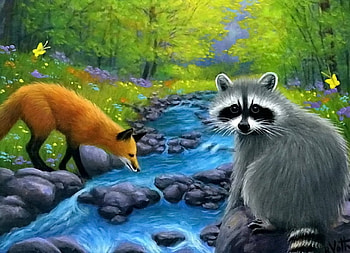 Painting, blue, raccoon, fox HD wallpaper