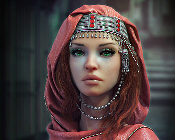 Green eyes, frumusete, olya anufrieva, girl, CG, beauty, woman, jewel, pink, fantasy, red, face, game, luminos HD wallpaper