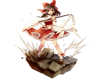 Hakurei Reimu, cute, long hair, dress, mad, chibi, brown, hakurei, female, shrine maiden, plain, white, ribbon, girl, kawaii, anime girl, simple, anime, red, brown hair, touhou, angry, reimu HD wallpaper