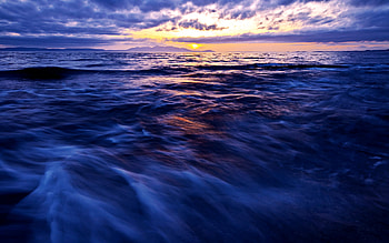 Sunset, blue, sea, waves, clouds, sky, nature, ocean HD wallpaper