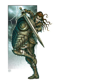 Down Thrust, shield, lightning, sword, fantasy, armour, warrior HD wallpaper