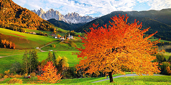 Morning At South Tyrol, meadows, Alps, town, Italy, beautiful landscape, clouds, trees, autumn, mountains, forest HD wallpaper